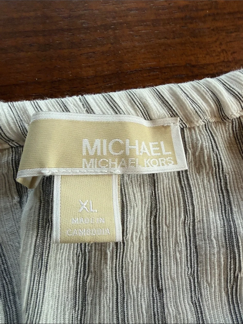 Michael Kors Light Gray Striped Peasant Blouse with Braided Tie Neck Detail